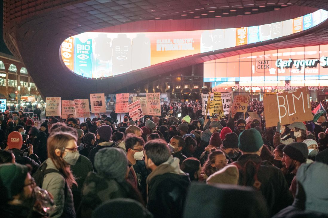Scores of protesters stand outside Barclays Center on November 19th demonstrating largely against the Kyle Rittenhouse verdict.